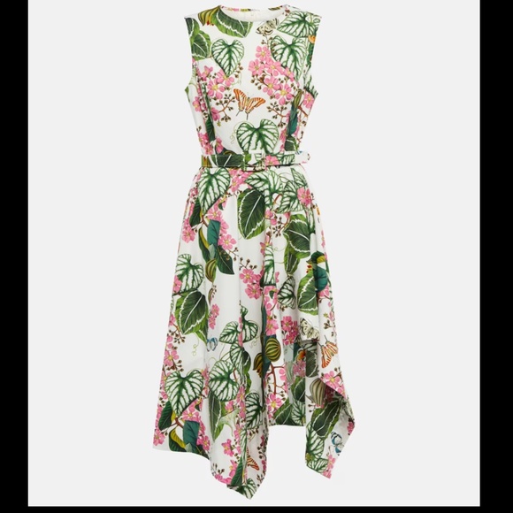 Oscar De La Renta Mixed Botanical Asymmetric Hem Dress - Picture 1 of 10